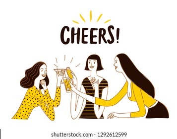 Girls drinking at the bar. Cocktail bar title.  Cartoon vector illustration for your design.