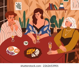 Girls drinking champagne, eating snacks, sitting at table. Young women friends at home hen party with alcohol. Girlfriends gathering in evening. Female friendship concept. Flat vector illustration