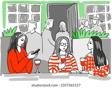 Girls drinking and chatting in outdoor cafe. Street scene, vector illustration