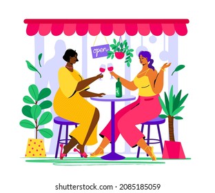 Girls drinking a cocktail - colorful flat design style illustration