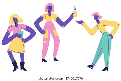 Girls drinking coffee. Concept coffee break, coffee shop, communication and relaxation. Flat Cartoon Vector Illustration. Clip art