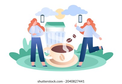 Niñas tomando café. Delicioso concepto de bebida caliente. Las novias descansan durante la pausa del almuerzo. Una persona adicta a la cafeína cargando la batería. Dibujo vectorial plano de dibujos animados aislado en fondo blanco