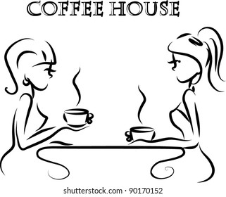 Girls are drinking coffee in a coffee shop, the background, vector