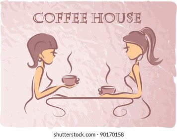 Girls are drinking coffee in a coffee shop, the background, vector
