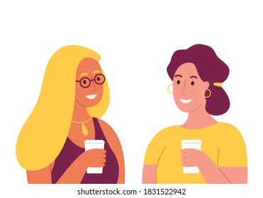 Girls drinking coffee and talking. Female friends holding coffee glasses. Cute cartoon flat character style, vector illustration