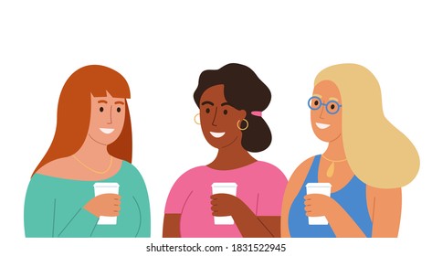 Girls drinking coffee and talking. Female friends holding coffee glasses. Cute cartoon flat character style, vector illustration