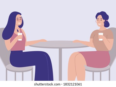 Girls drinking coffee and talking. Female friends holding coffee glasses. Cute cartoon flat character style, vector illustration