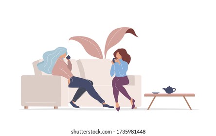 Girls drinking tea flat color vector faceless characters. Best friends meeting. Women chatting and drinking in cafe isolated cartoon illustration for web graphic design and animation