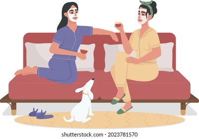 Girls drinking wine on comfy couch semi flat color vector characters. Full body people on white. Facial masks with bestie isolated modern cartoon style illustration for graphic design and animation