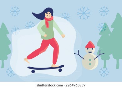 Girls drive longboards in winter. Flat design illustrator.