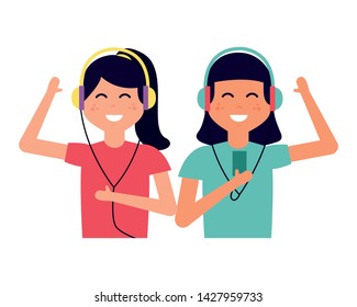 girls with earphones listening music vector illustration
