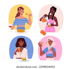 Girls eat and drink set. Women with juices and cocktails, cola and hamburger. Peole with fast food and natural products. Cartoon flat vector collection isolated on white background