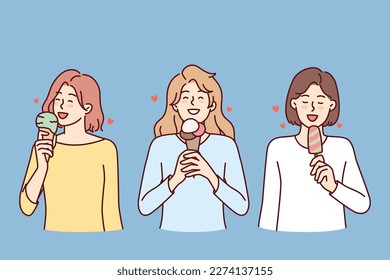 Girls eat ice cream to cool down during summer walk or satisfy their hunger with street food. Three women with cold ice cream enjoy sweet taste of popsicles on stick or in waffle cone 