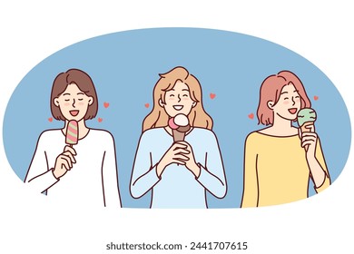 Girls eat ice cream to cool down during summer walk or satisfy their hunger with street food. Three women with cold ice cream enjoy sweet taste of popsicles on stick or in waffle cone