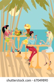 girls eat on the background of a tropical landscape