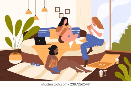 Girls eat pizza at home pajama party vector illustration. Cartoon dinner scene with diversity group of best girlfriends eating, talking, sharing pizza slices, happy three young women sitting together