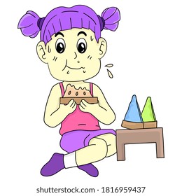 the girls are eating cakes. cartoon illustration cute sticker