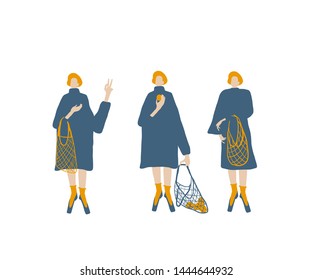Girls with eco bag mesh dressed in blue color dress, orange hair , socks and shoes,  Flat style. Female cartoon character. 