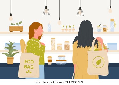 Chicas con bolsas ecológicas comprando en la tienda de comestibles ilustraciones vectoriales. Personajes femeninos conscientes de dibujos animados usando bolsas reutilizables de tela de algodón natural, botellas de vidrio. Consumo ecológico, concepto de ecología