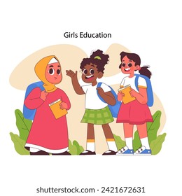 Girls education concept. Three diverse schoolgirls with backpacks and textbooks ready to go study in class. Enthusiasm for learning and friendship. Equal opportunities. Flat vector illustration