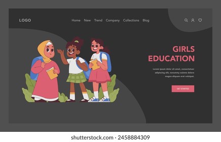 Girls education concept. Three diverse schoolgirls with backpacks and textbooks ready to go study in class. Enthusiasm for learning and friendship. Equal opportunities. Flat vector illustration