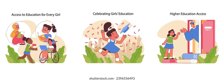 Girls education journey set. Inclusive learning environments, joyous academic achievement, and exploration into advanced studies. Diverse characters, milestones celebrated. Flat vector illustration