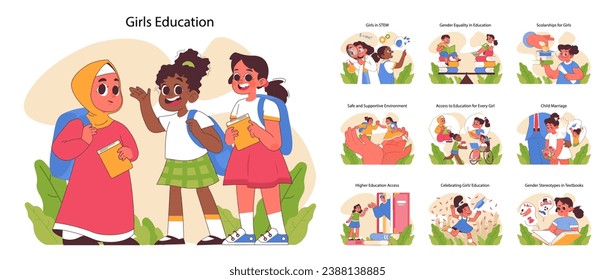 Girls education set. Diverse girls engaging in learning activities. Girls in STEM, gender equality, scholarships, supportive school environment. Challenges in girls education. Flat vector illustration