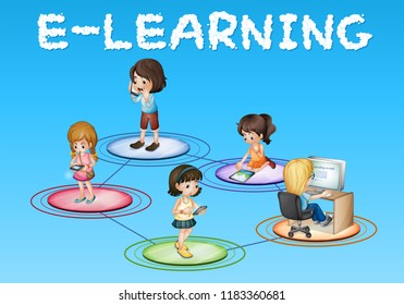 Girls and e-learning icon illustration