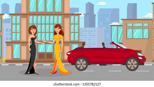 Girls in Elegant Gowns with Car Cartoon Characters. Two Women in Evening Dresses Standing near Car Flat Vector Illustration. Girls in Elegant Gowns with Cabriolet Cartoon Characters. Prom