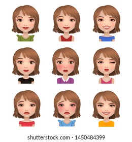 Girl's Emotion Set. Facial expressions, female avatar on white isolated, vector illustration