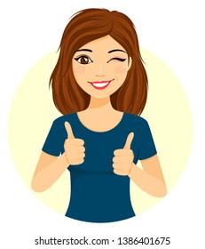 Girl's emotion. Young girl holding thumbs up. Character. Flat style. Cartoon