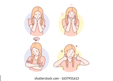 Girls emotional facial expressions set concept. Frightened girl feels grief. Depressed kid is offended and frustrated. Child shows like sign. Young pupil is happy to have childhood. Simple flat vector