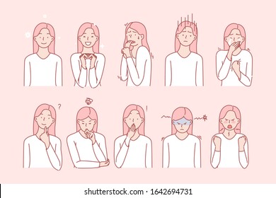 Girls emotions and facial expressions set concept. Illustration or collection showing different emotions of woman. Girl demonstrates of positive and negative facial expressions. Simple flat vector