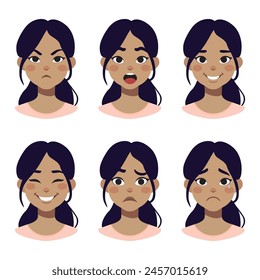 Girl's emotions - set. Cute beautiful girl smiling, angry, sad. Vector illustration