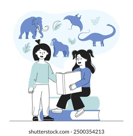 Girls with encyclopedia. Kids with book read about animals. Dinosaur, mammoth, stingray and monkey. Education and training, learning. Preschoolers with textbook. Linear vector illustration