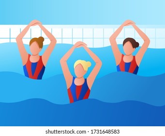 girls are engaged in synchronized swimming in the pool. Team competition, the championship. Water gymnastics. Vector illustration