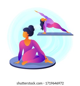 Girls are engaged in yoga, gymnastics, sports, fitness. Beautiful poses on an abstract background. Active and healthy lifestyle, relaxation and self-knowledge. Flat vector illustration.