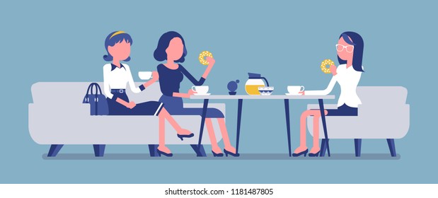 Girls enjoy friendly dinner in cafe. Meeting between female coworkers, business lunch in restaurant, young friends chatting and have meal. Vector illustration, faceless characters