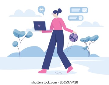 Girls enjoy working on laptop with playing ball on outdoor illustration concept vector