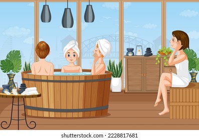 Girls enjoying hot tub spa in steam room illustration