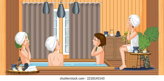 Girls enjoying hot tub in steam room illustration