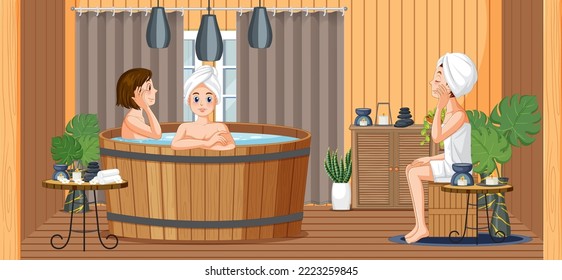 Girls enjoying hot tub in steam room illustration