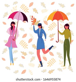 Girls Enjoying Leaf Fall Flat Vector Illustration. Ladies in Fashionable Outdoor Clothes Cartoon Characters. Young Women Holding Umbrellas and Leaves Bunch. Autumn Mood Decorative Design Element