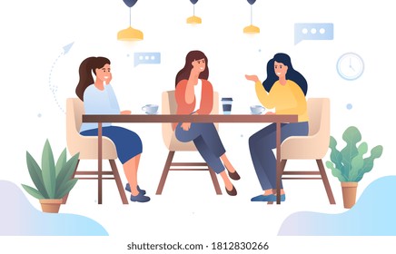 Girls enjoying a relaxing chat at a cafeteria seated around a table smiling and drinking coffee, colored vector illustration
