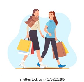 Girls enjoying shopping. Two happy smiling beautiful women walking together holding many shopping bags. Shopper ladies with satisfied looks on their faces talking. Flat vector character illustration