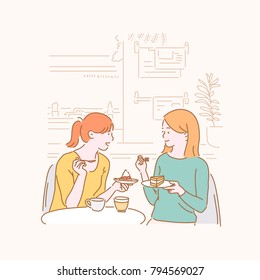 Girls enjoying tea time with friends at a dessert cafe. hand drawn style vector doodle design illustrations.