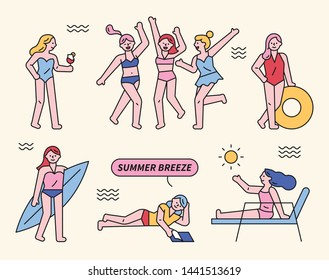 The girls are enjoying their vacation at the beach. flat design style minimal vector illustration.