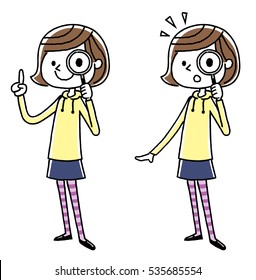 Girls: Examining, magnifying glass, discovery