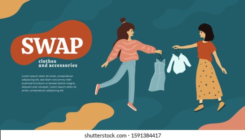 Girls exchange dress and shirts on hangers. Swap clothes and accessories. Flea market, shop or party of exchange old wardrobe for new. Template for banner, poster, layout, flyer. Vector illustration.