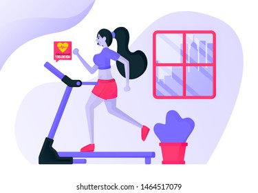 Girls exercise running on a treadmill inside the house wearing sexy sports clothes to burn calories and nourish heartbeat with city views. Flat vector illustration concept for Landing page, website